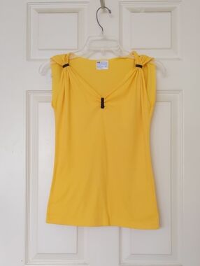 MW Bright Yellow Sleeveless V-Neck Knit Top with Black Knot Details.